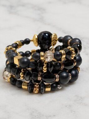 Black & Gold Memory Wire Wrap Bracelet — Tree of Life Charm
